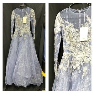 MAC DUGGAL 20441 NWT Embellished V Neck Long Sleeve A Line Gown in Slate Blue